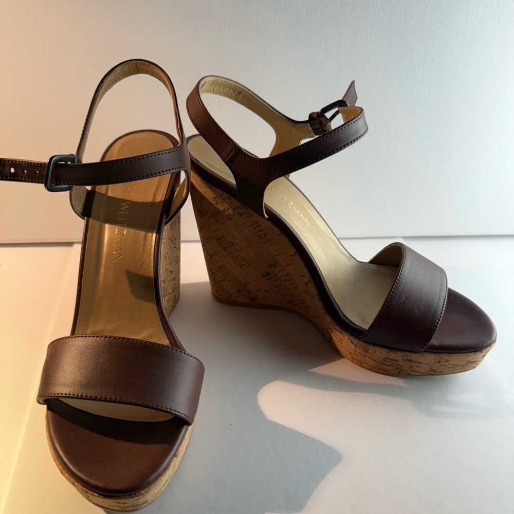 Stuart Weitzman Brown Leather Wedge Sandals